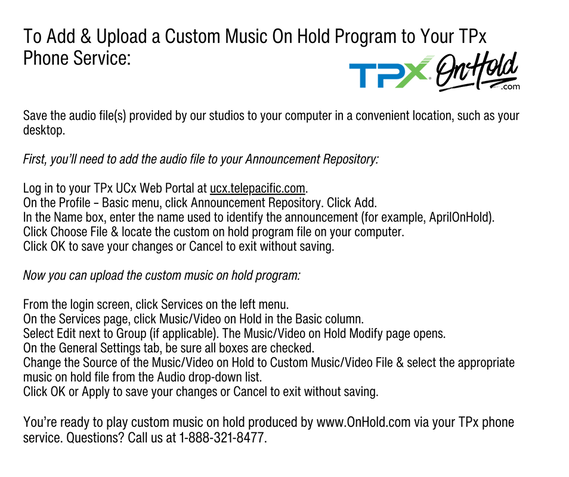 How To Add & Upload a Custom Music On Hold Program to Your TPx Phone Service