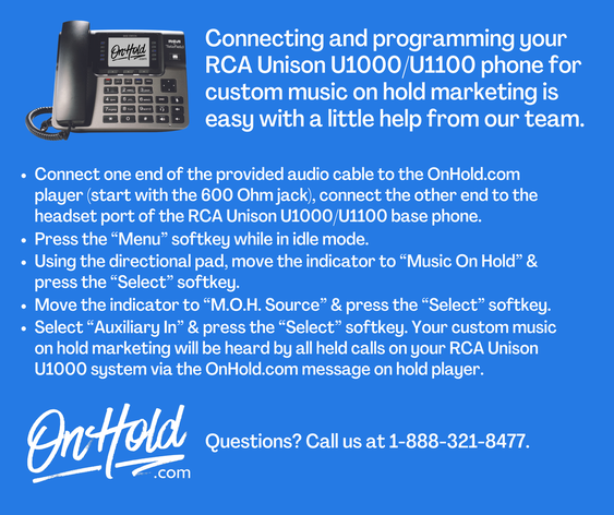 Connecting and programming your RCA Unison U1000/U1100 phone for custom music on hold marketing is easy with a little help from our team.