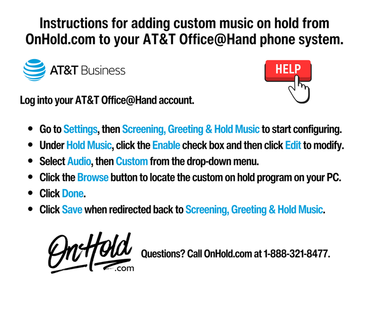 Instructions for adding custom music on hold from OnHold.com to your AT&T Office@Hand phone system.