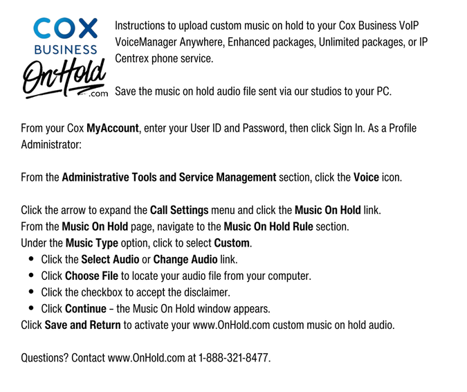 Instructions to Upload Custom Music On Hold for Cox Business VoIP Phone Service
