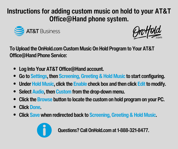 Instructions for adding custom music on hold from OnHold.com to your AT&T Office@Hand phone system.
