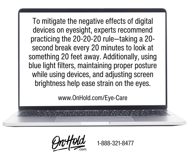To mitigate the negative effects of digital devices on eyesight, experts recommend practicing the 20-20-20 rule--taking a 20-second break every 20 minutes to look at something 20 feet away. 