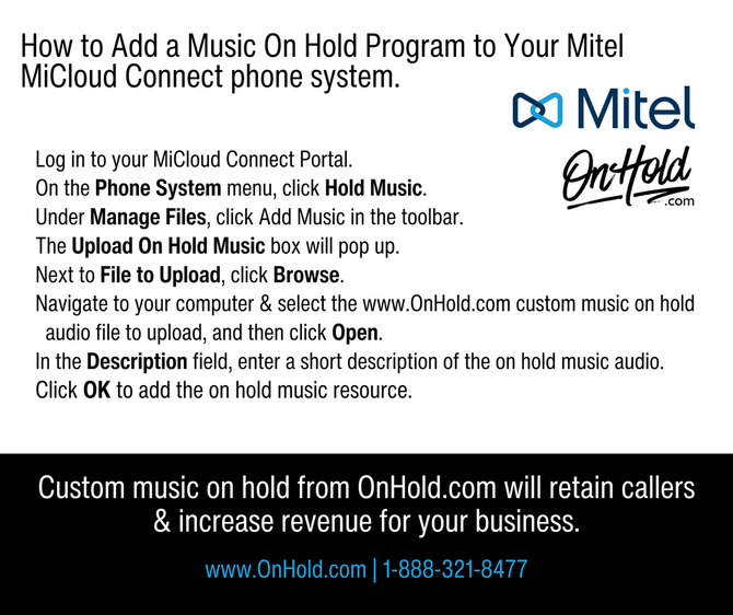 How to Add and Assign Music On Hold to Your Mitel MiCloud Connect phone system.
