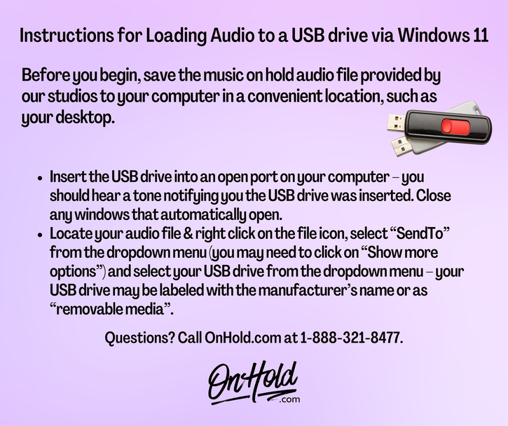 Instructions for Loading Audio to a USB drive via Windows 11 from OnHold.com