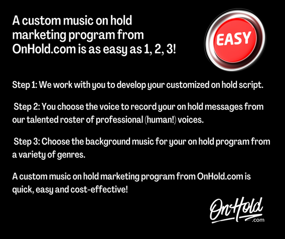 A custom music on hold marketing program from OnHold.com is as easy as 1, 2, 3!