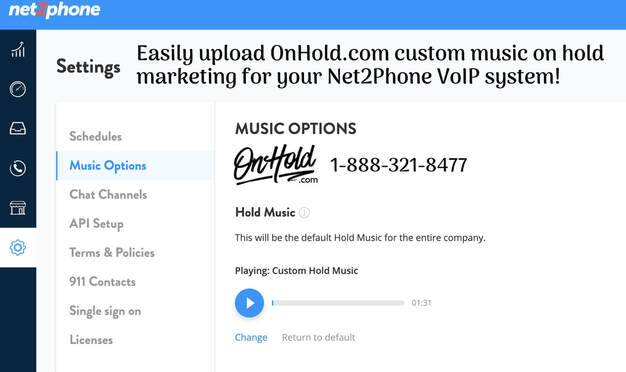 Easily upload OnHold.com custom music on hold marketing for your Net2Phone VoIP system!