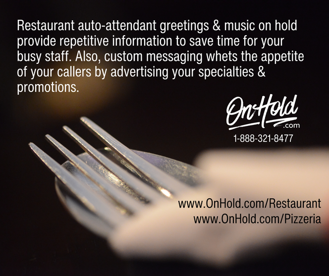 Restaurant auto-attendant greetings and music on hold provide repetitive information to save time for your busy staff. Also, custom messaging whets the appetite of your callers by advertising your specialties and promotions. 