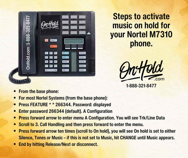 Here are the steps to activate music on hold for your Nortel M7310 phone.