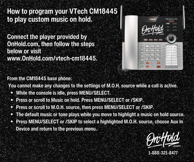 Follow the steps below to connect our music on hold player with your VTech CM18445 phone for custom music on hold. 