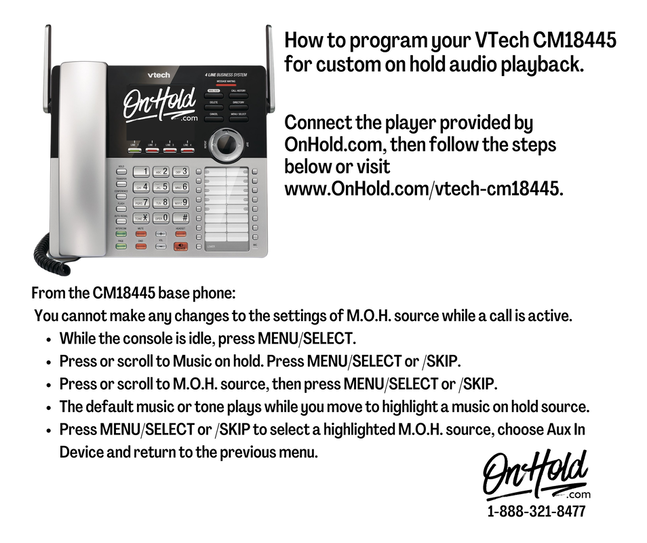 Follow the steps below to connect the OnHold.com music on hold device with your VTech CM18445 phone for custom music on hold.